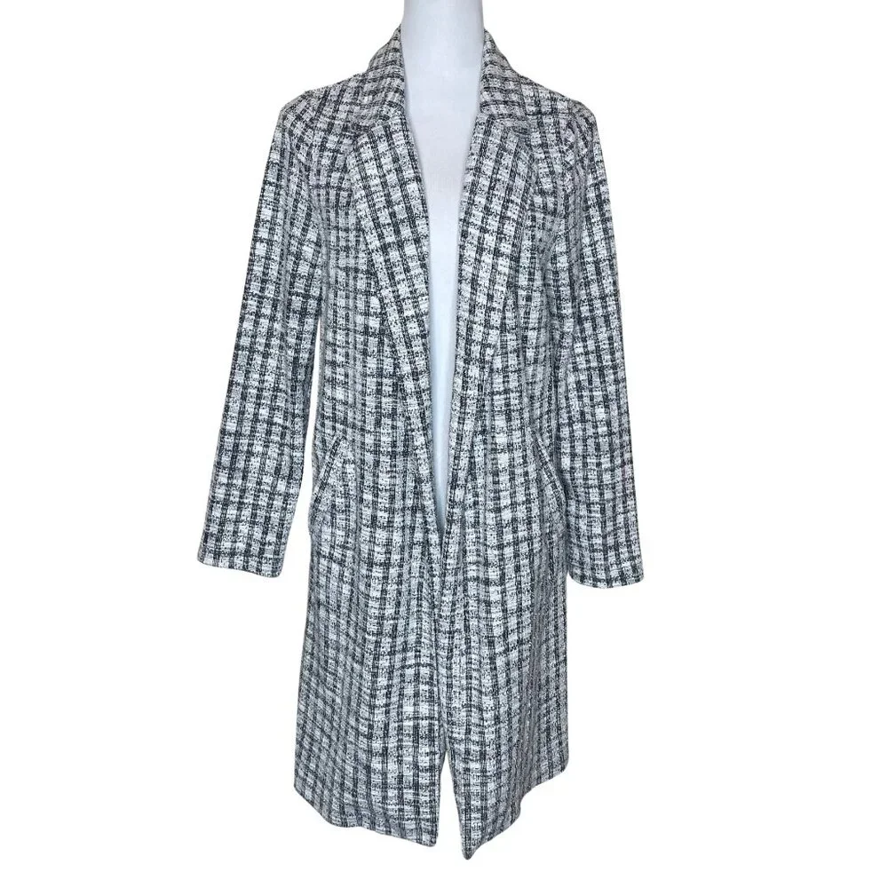 Melloday Black White Plaid Open Front Cotton Blend Longline Coat Jacket M